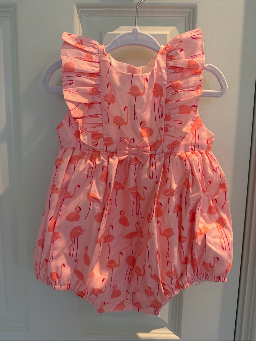 NWT Rachel Riley Coral Pink Flamingo Ruffle Bubble Romper - 18M - Picture 1 of 4